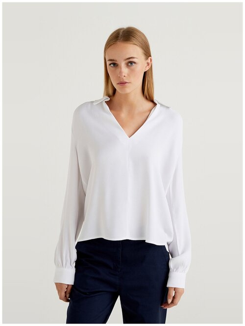 Рубашка  UNITED COLORS OF BENETTON, повседневный стиль, свободный силуэт, длинный рукав, без карманов, манжеты, однотонная, размер XS, белый