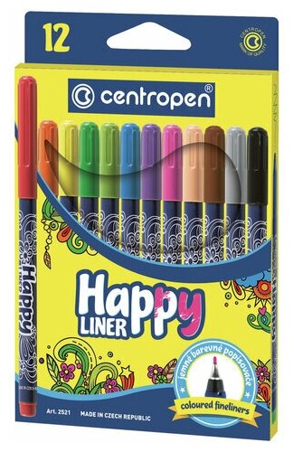 Ручки капиллярные (линеры) 12 цветов CENTROPEN "Happy Liner", линия письма 0,3 мм, 2521/12, 2 2521 1202