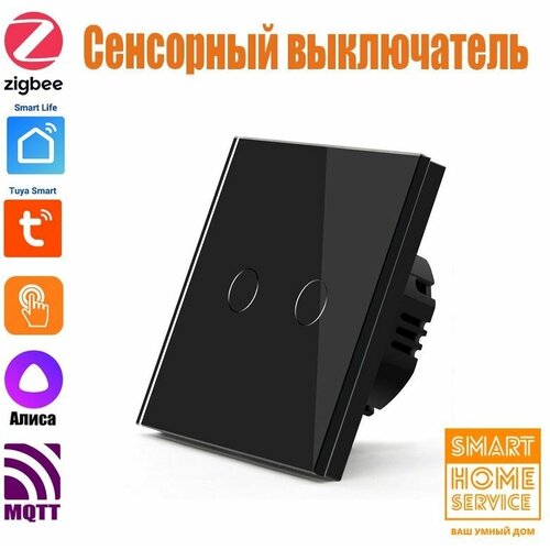 Умный сенсорный выключатель Zigbee черный двухклавишный