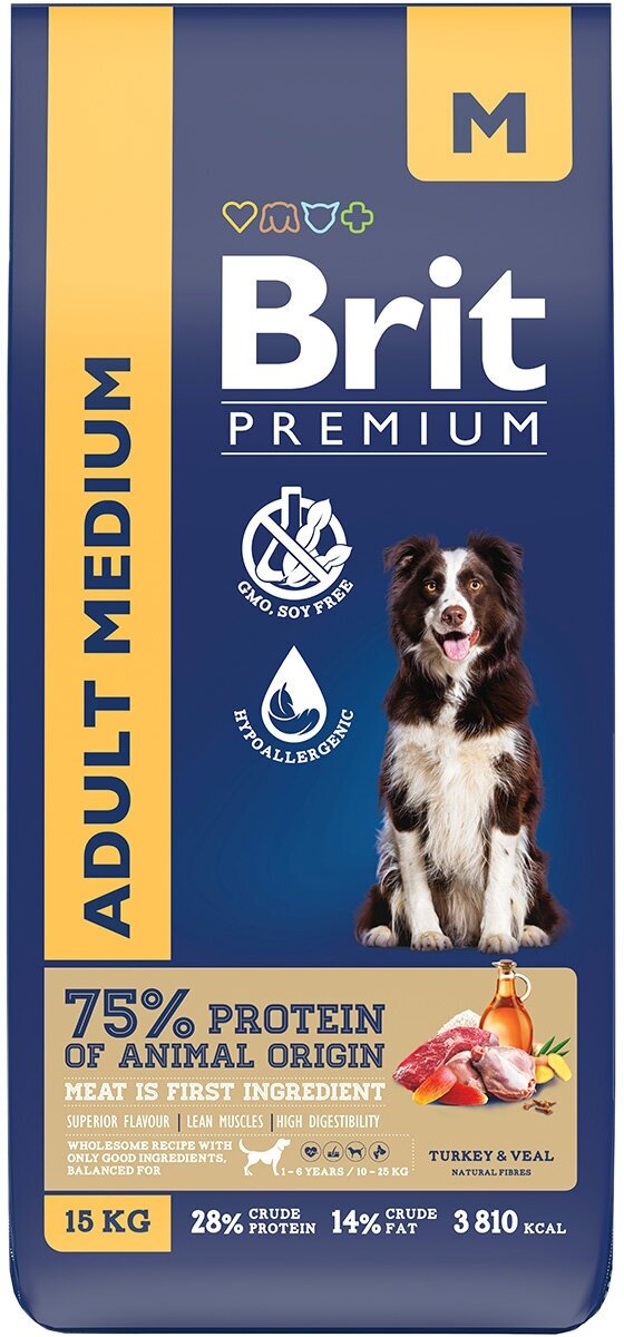 Сухой корм BRIT PREMIUM DOG ADULT MEDIUM для взрослых собак средних пород с индейкой и телятиной (15 кг)