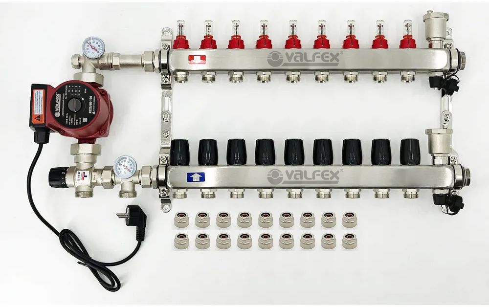 Комплект для водяного теплого пола с насосом до 150 кв/м Коллектор 9 контуров евроконус 3/4'х16(2.0) VALFEX
