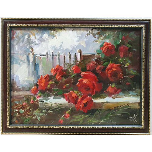 Картина маслом на двп Цветы, оформлено в рамку 45х35см.