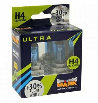 Лампа галогенная маяк ULTRA SUPER WHITE +30% 12V H4 60/55W 2 шт 82420SW30