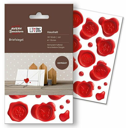 Этикетки-печати Avery Zweckform Living, для конвертов, красные, d-19 мм, 30 штук 3 листа