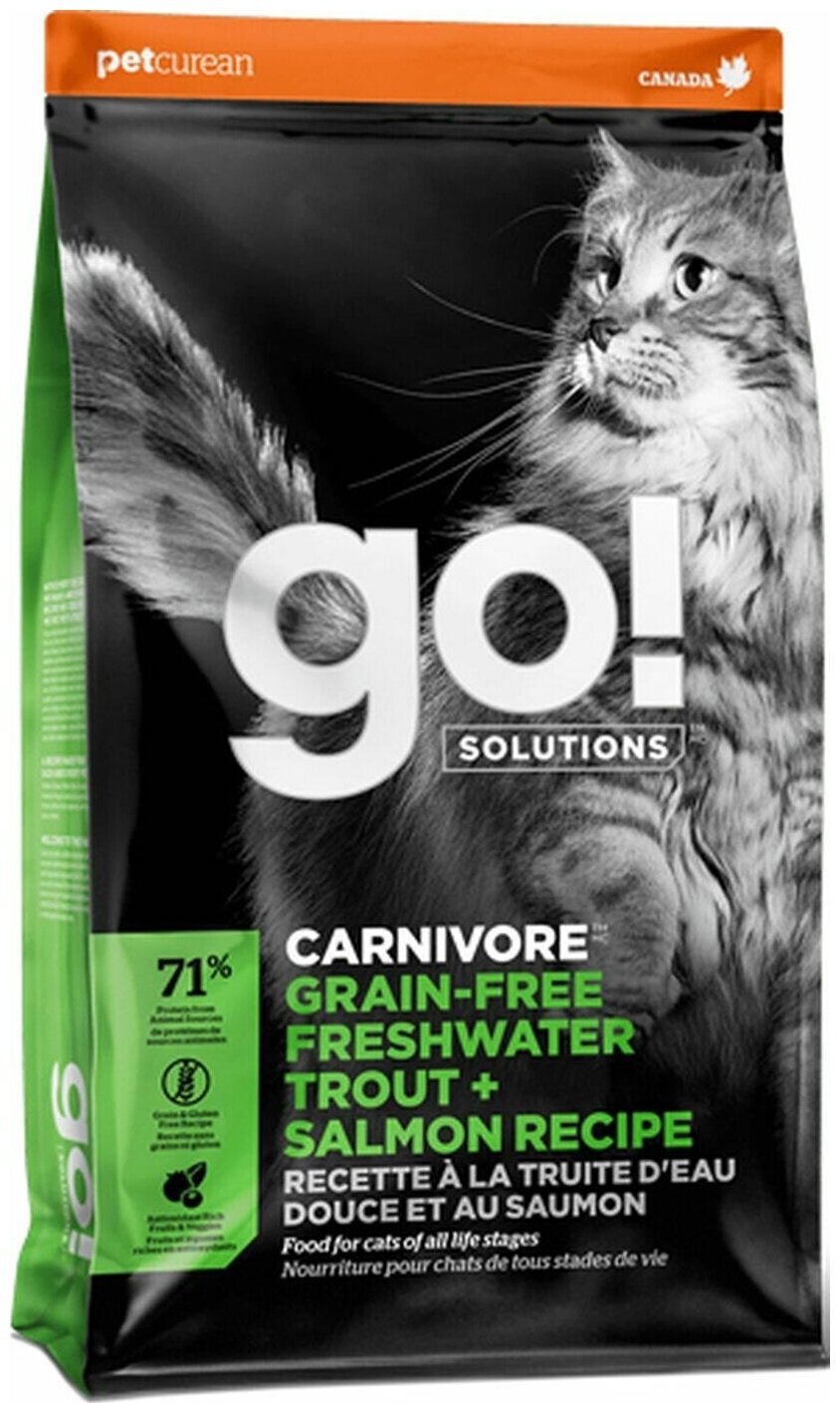 GO! Solutions Беззерновой для Котят и Кошек: Форель, Лосось (GO! CARNIVORE GF Freshwater Trout + Salmon Recipe for cats 45/18) Годен до 24.07.2024г 7.3кг