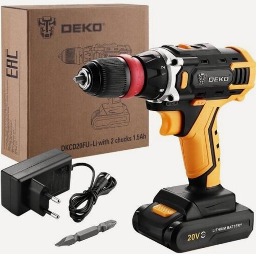 Изображение товара Дрель-шуруповерт аккумуляторная Deko DKCD20FU-Li 1*20В 1.5Ач, со съемным патроном (063-4176)