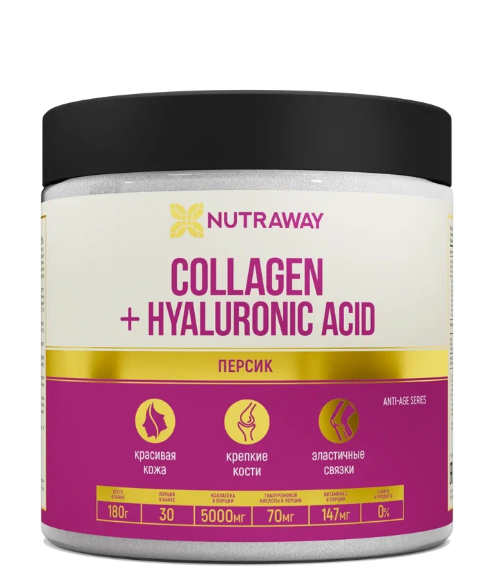 Collagen+Hyaluronic Acid | Коллаген +гиалуроновая кислота NUTRAWAY порошок 180 г вкус персик