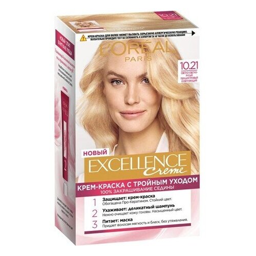 краска для волос l oreal paris excellence 192 мл Крем-краска для волос L'Oreal Paris Excellence creme 10.21 Светло-светло русый перламутровый осветляющий, 273мл