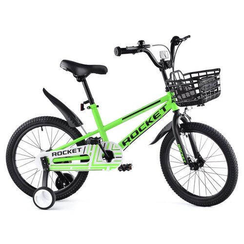 Велосипед детский 2-х колесный 18 с боковыми тренировочными колесами корзиной звонком на рост ребенка 120-140 см 6-9 летROCKET цвет зелёный модель 2023 года R0109 683600₽