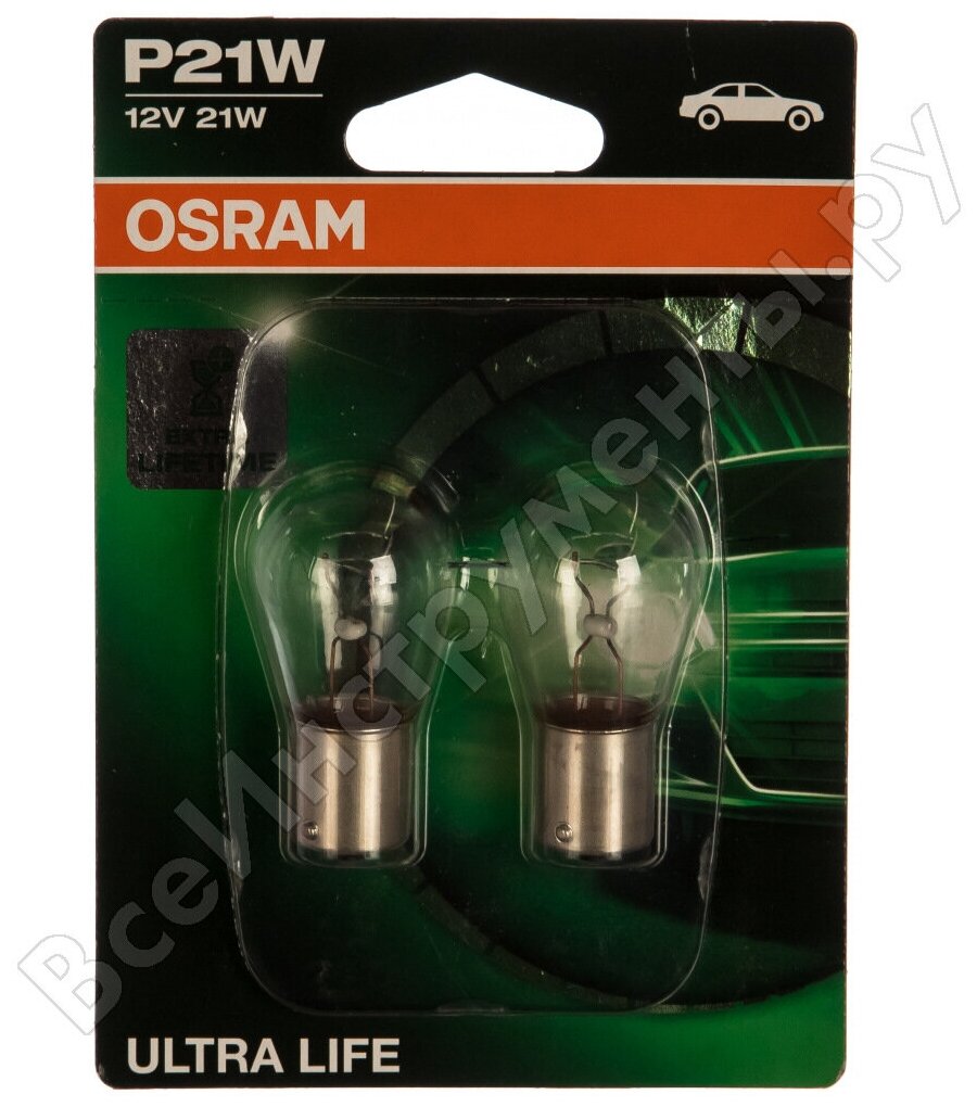 OSRAM Автолампа P21W BA15s ULTRA LIFE 12V , 2шт ,1,10,50 7506ULT-02B