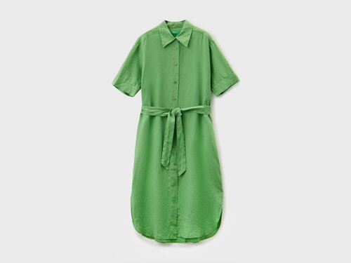 Платье-рубашка UNITED COLORS OF BENETTON, лен, повседневное, свободный силуэт, до колена, размер M, зеленый