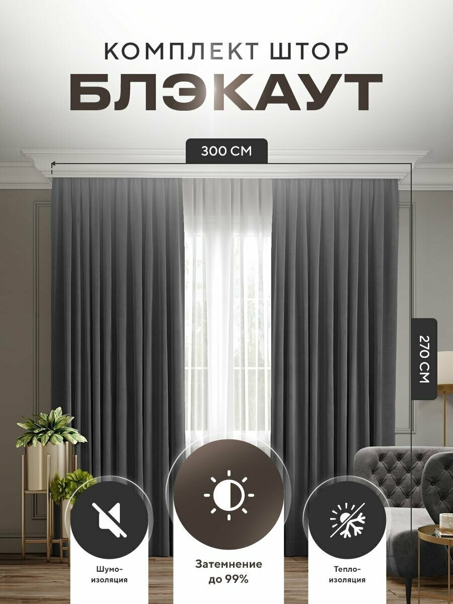Комплект штор Блэкаут Blackout 270х300см (150*270см.- 2шт.) Плотные, солнцезащитные портьеры в комнату; для гостиной и спальни, цвет Серый