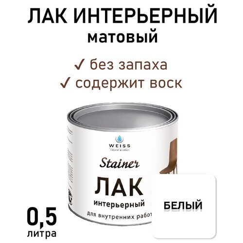 Лак интерьерный для стен и мебели, Без запаха, глянцевый, самовыравнивающийся, 0,5л 001 Белый
