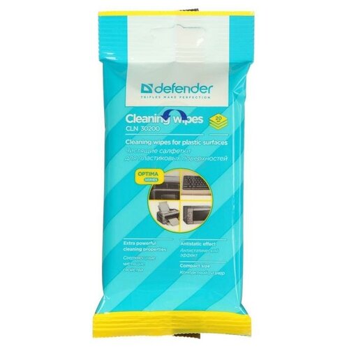 Салфетки чистящие для поверхностей, Defender Cleaning wipes, Optima, 20 штук в пакете с европодвесом defender салфетки чистящие влажные defender для поверхностей антибактериальные в тубе 110шт