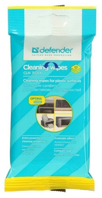 Салфетки чистящие для поверхностей, Defender Cleaning wipes, Optima, 20 штук в пакете с европодвесом