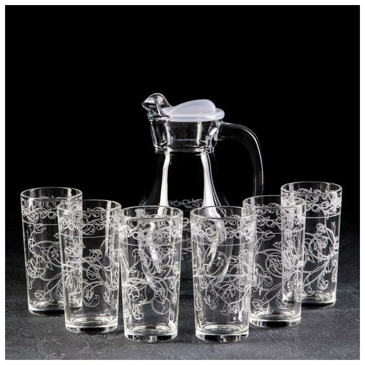 GiDGLASS Набор питьевой с гравировкой «Флора», 7 предметов: графин 1 л, стаканы 230 мл, 6 шт