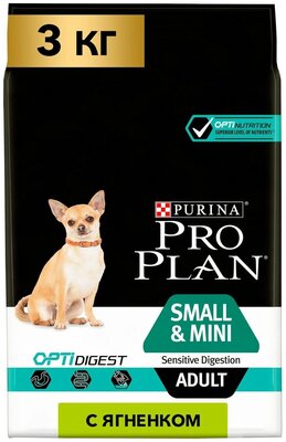 Сухой корм Pro Plan Optidigest для взрослых собак мелких и карликовых пород с чувствительным пищеварением, с высоким содержанием ягненка, 3 кг