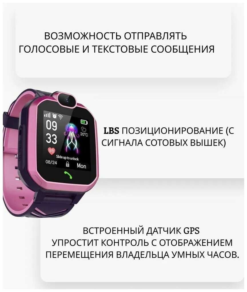 Smart watch детские, детские часы smart watch, детские умные часы с собственной сим картой, кнопка SOS, LBS геолокация, камера, розовый