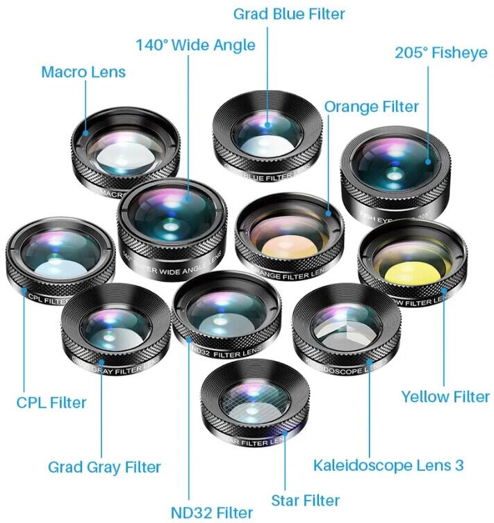 Универсальный набор объективов и фильтров дляартфонов 11-в-1 на прищепке Fotorox FR11