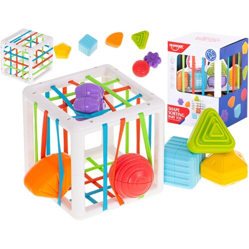 Развивающий куб Huanger с резинками и 6 фигурами/ Сортер тактильный/ Развивающая игрушка для малышей от 12 месяцев
