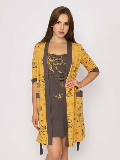 Комплект женский "цветок" сорочка+халат модель КЖ 0236 кулирка горчица, 46 - фотография № 5