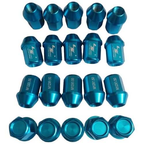 Гайки колесные алюминиевые LS 12x1,5 конус box 20 BLUE Синие, Ключ 19