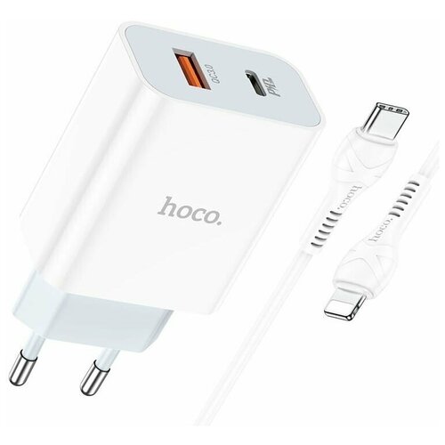 Сетевое зарядное устройство HOCO C97A 1xUSB QC3.0, 1xUSB-С PD20W + USB-C кабель Lightning 8-pin, 1 м (белый) сетевое зарядное устройство redline pd1 3a usb type c 8 pin lightning apple 3a белый [ут000027295]