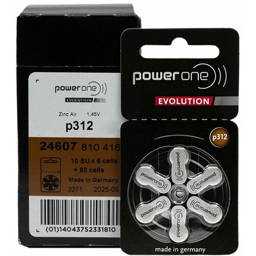 Батарейки PowerOne Evolution p312 (PR41) для слухового аппарата, 10 блистеров (60 батареек)