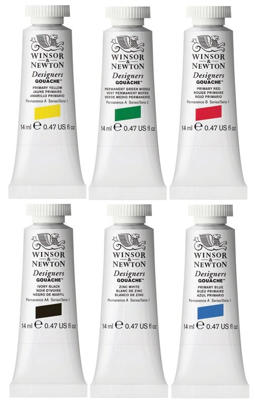 Краски гуашевые Winsor&Newton « Designers Gouache», Primary Colour Set, 6цв, 14мл, туба, картон. упаковка