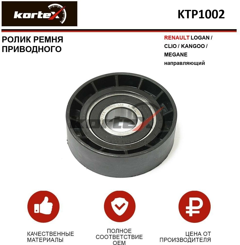 Ролик ремня привода Kortex для Renault Logan / Clio / Kangoo / Megane направляющий OEM 532024310, 55571, 7700102931, 8200104754, KTP1002, T36176, VKM3