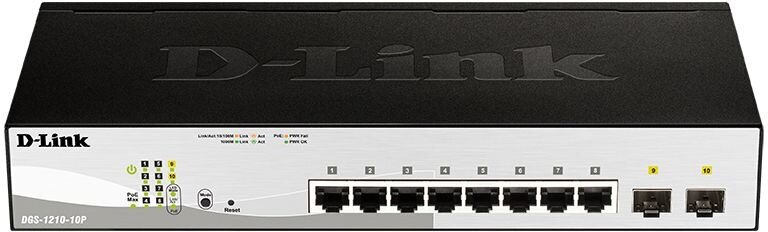 D-Link DGS-1210-10P/FL1A Управляемый L2 коммутатор с 8 портами 10/100/1000Base-T и 2 портами 1000Base-X SFP (8 порт