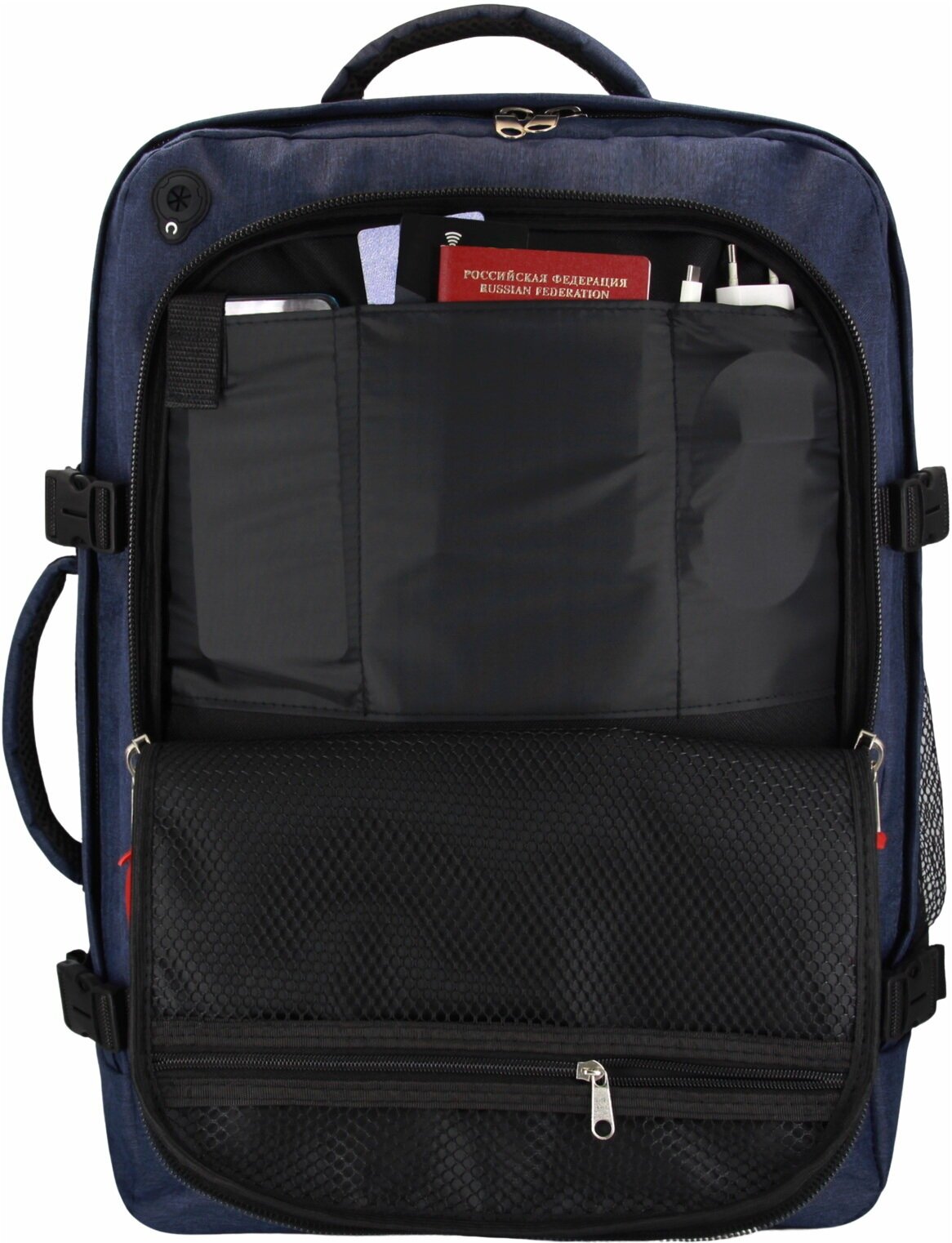 Сумка дорожная сумка-рюкзак Optimum, 44 л, 55х40х20 см, ручная кладь, отделение для ноутбука, фиксирующие ремни, водонепроницаемая, синий - фотография № 8