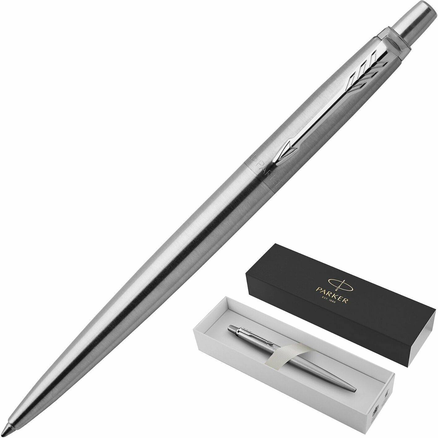 Ручка паркер шариковая для письма подарочная мужчине и женщине Parker Jotter Core Stainless Steel Ct, корпус серебристый, детали хром, синяя, 1953170