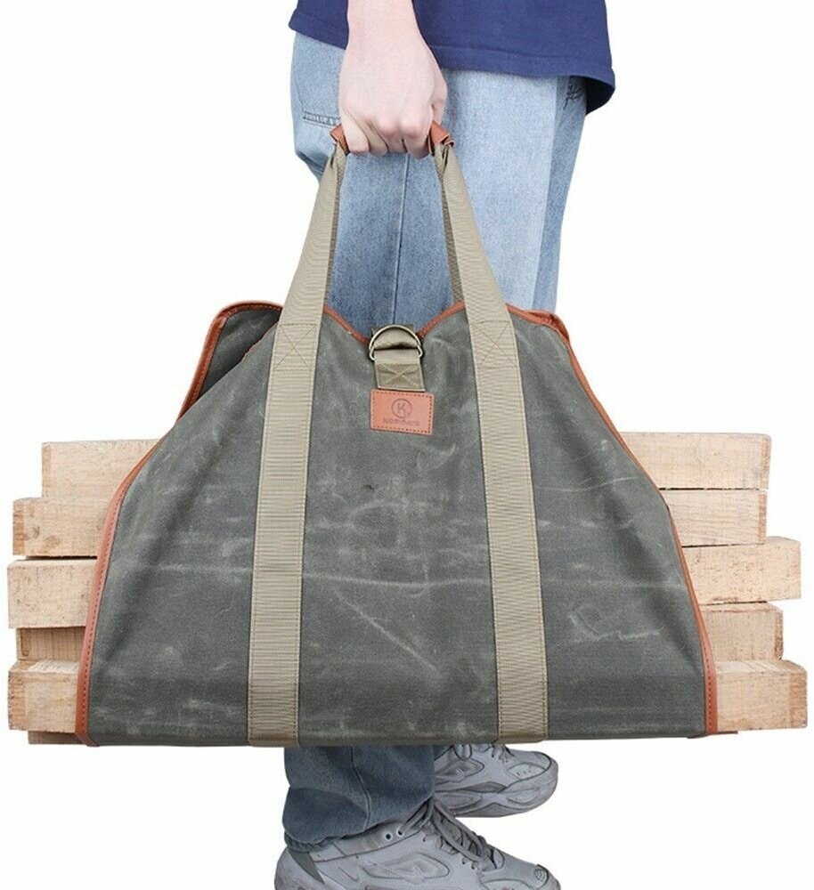 Вощеная холщовая сумка с ручкой для переноски дров KOSIBATE CL-158, серая - фотография № 3