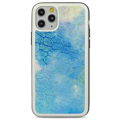 Кожаный чехол с защитным силиконовым бампером для iPhone 11 Pro Max / Глянцевая накладка с рельефной эко-кожей на Айфон 11 Про Макс (Синий)