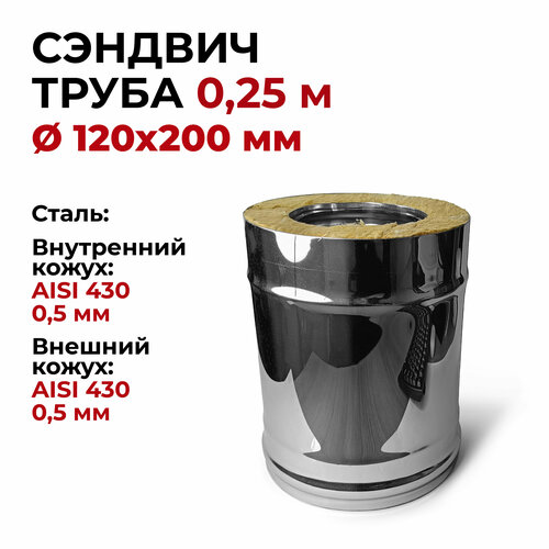 Сэндвич труба термо 2 шт для дымохода утепленная 0,25 м d 120x200 мм (0,5/430*0,5/430) Прок