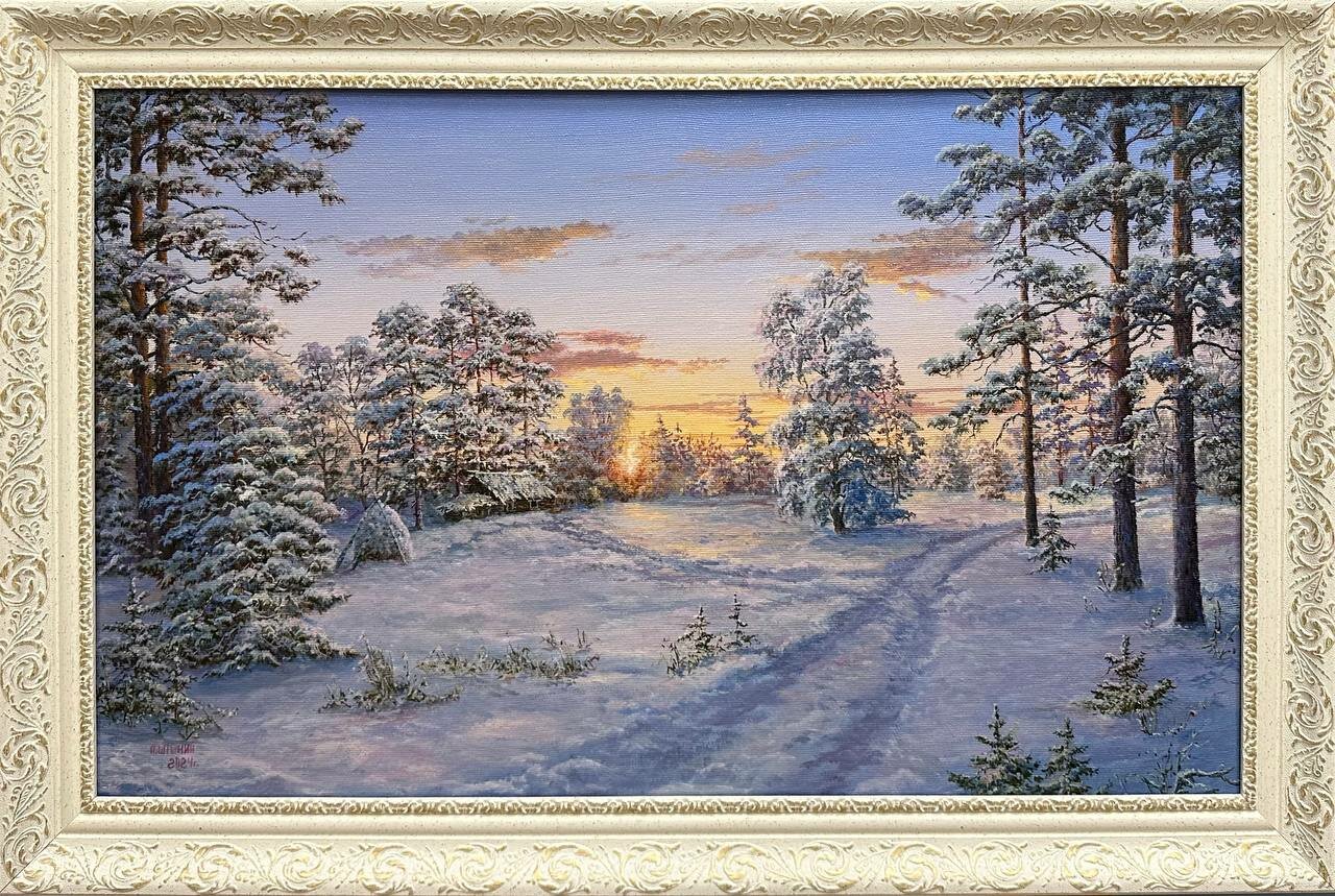 Картина маслом, зимний пейзаж "Утро"