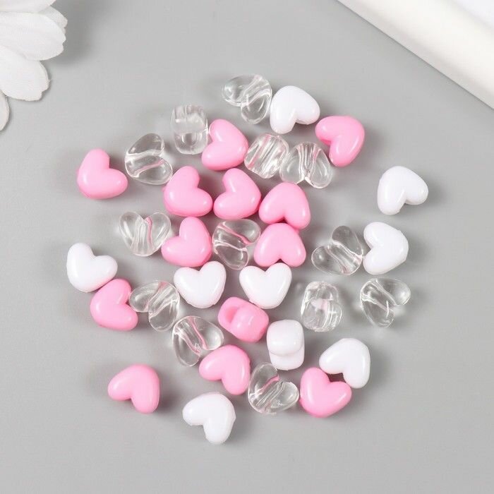 Бусины пластик "Сердце. Розовый, белый, прозрачный" набор 20 гр 1,2х0,9х0,8 см