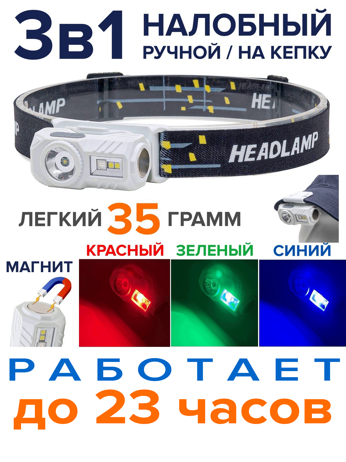 3в1 мультифонарь, налобный+ручной аккумуляторный фонарь с магнитом, фонарик на козырек кепки, включение по взмаху
