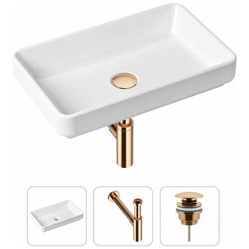 Накладная раковина в ванную Lavinia Boho Bathroom Sink Slim 21520150 в комплекте 3 в 1: умывальник белый, донный клапан и сифон в цвете розовое золото