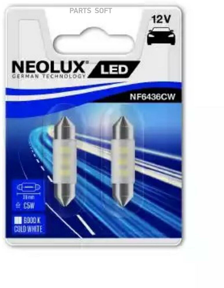 NEOLUX NF6436CW-02B Лампа светодиодная 12V C5W 5W SV8,5-8 6000K NEOLUX LED 2 шт. блистер NF6436CW-02B