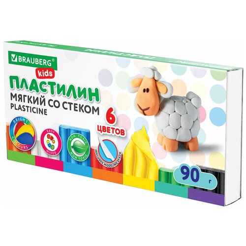 Пластилин мягкий восковой BRAUBERG KIDS, 6 цветов, 90 г, со стеком, 106493