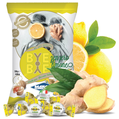 Карамель Mangini Бай Бай с начинкой из лимонного джема и засахаренного имбиря 130гр, без глютена, Италия
