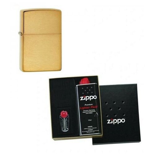 Зажигалка ZIPPO Brushed Brass в подарочной упаковке + топливо и кремни