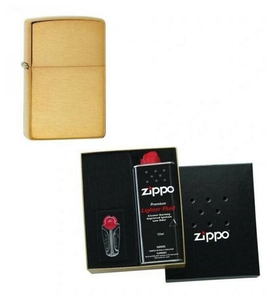 Зажигалка ZIPPO Brushed Brass в подарочной упаковке + топливо и кремни