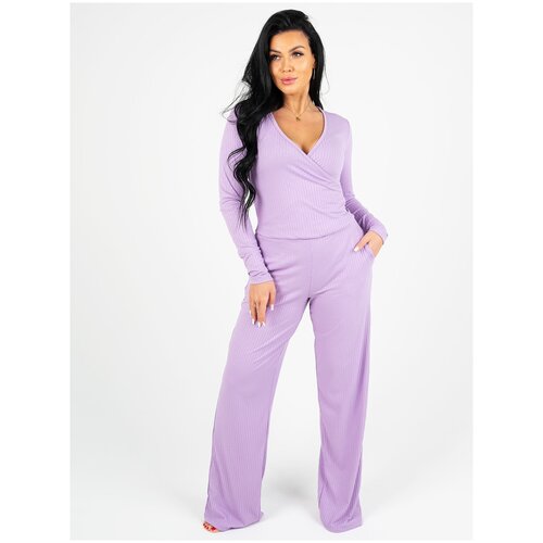 фото Комплект instinity, блуза, брюки, длинный рукав, трикотажная, карманы, размер 50, фиолетовый