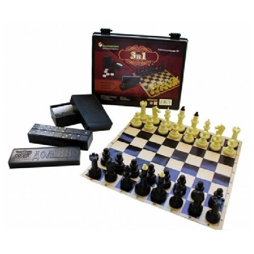 Игра 3 в 1 (шашки, домино, шахматы обиходные с шахматной доской из пвх) шашки с шахматной доской