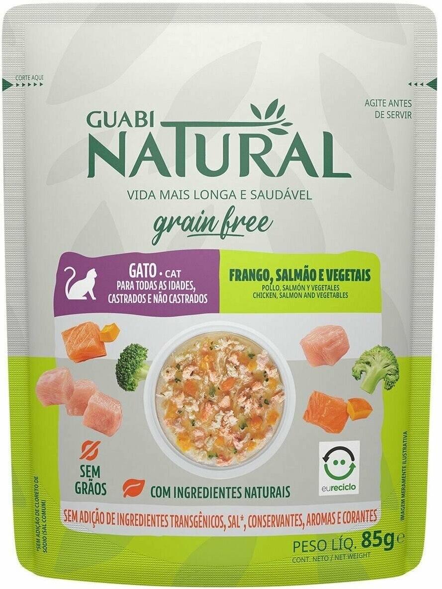 Guabi Natural Cat GRAIN FREE беззерновой для взрослых кошек курица, лосось и овощи 85г (18 паучей)