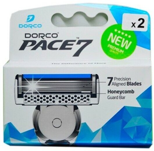 Оригинал, Корея, Сменные кассеты Dorco PACE7 (2 кассеты), 7-лезвийные, увл. полоса, крепление PACE