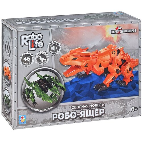 Интерактивные игрушки для девочек и мальчиков Динозавр Робо Ящер RoboLife 1TOY Сборная модель 46 деталей, бежевый, движение, звук эффекты/Конструктор/обучающие игрушки
